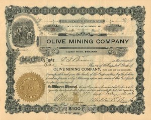 Olive Mining Co. - Stock Certificate